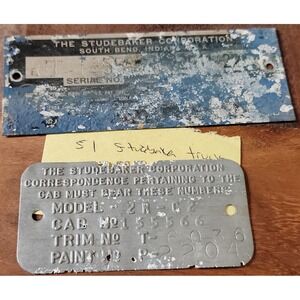 1951 Studebaker Corporation Truck Data Plate Cab Trim Paint